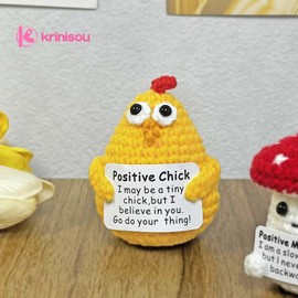 Krinisou Crochet Positive Chick Easter Gifts, Emotional Chicken with Support Card, Knitted Crocheted Positive Animals, Cute Chicken Gifts for Chicken Lovers Women 1PC