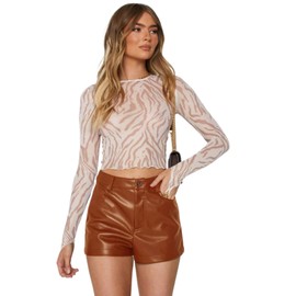 Zingther Ladies' Denim Shorts, PU Faux Leather Hotpants for Women, Brown XS