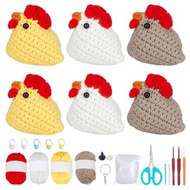 ACRNIGHEET 6PCS Crochet Kit for Beginners Cute Chicken Keychain Crochet Animals Keychain Beginner Crochet Kit with Step-by-Step Video Tutorials and Accessories, DIY Knitting Supplies Handicraft Gift