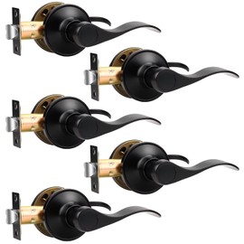 Knobonly 5 Pack Passage Door Handles Interior, Hallway Closet Door Leverset Matte Black Finish Stainless Steel, Keyless Door Handle Sets