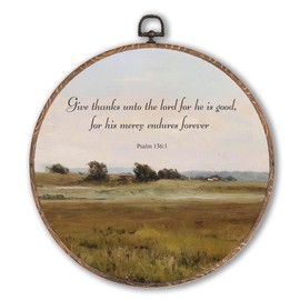 Lengues Give Thanks unto The Lord Round Wall Art Decor, Bible Verse Round Wall Decor, Cottagecore Landscape Canvas Framed Art Prints, Inspirational Scripture Hanging Frame for Room Bedroom 10x10 Inch