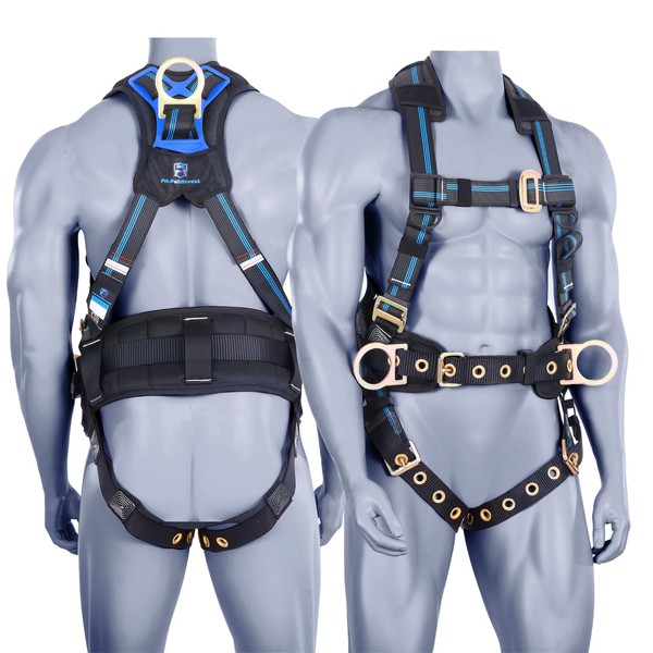 FHFallArrest Fall Protection 5pt Full-Body Safety Harness, Vented & Padded Shoulder, Back & Legs, 8” Thick Back Support, Tongue Buckle, D-Rings, Grommet Leg Straps & Waist Belt (OSHA/ANSI Rated PPE)