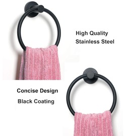 Towel Holder Black,Stainless Steel Bath Towel Holder, Hanging Towel Hanger Hand Towel Ring, Wall Mounted Towel Hanger with Fixing Accessories, Black