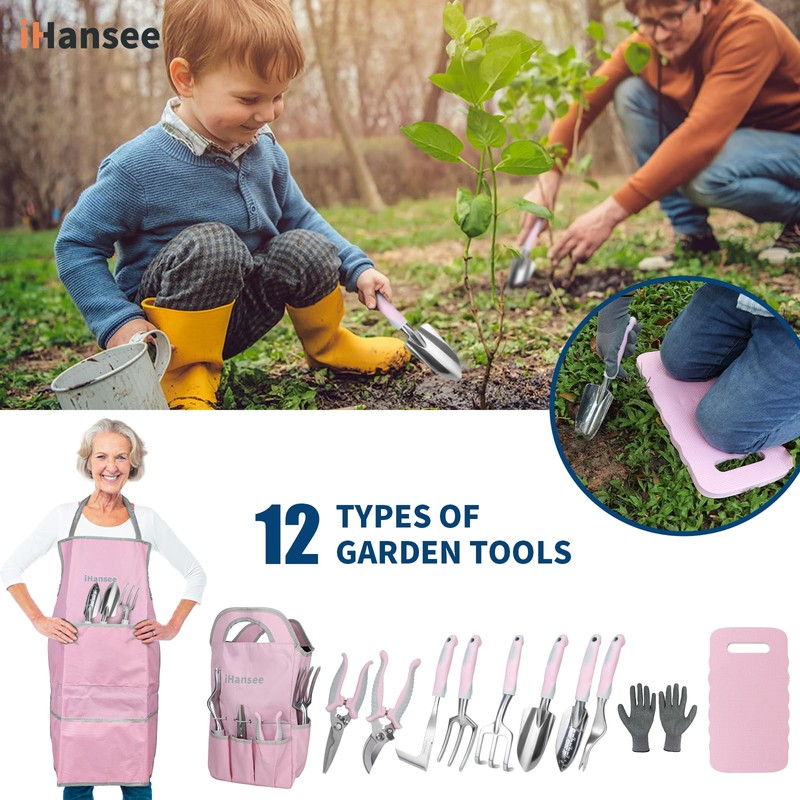 Pink Garden Tool Sets 12 Pieces, iHansee Aluminum Gardening Hand