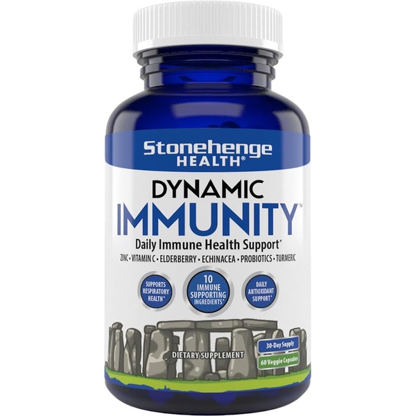 Stonehenge Health Dynamic Immunity Daily Supplement 10-in-1 Immune Boosters Zinc, Elderberry, Echinacea, Vitamin C & Probiotic L. Acidophilus – Supports Immune System & Respiratory Health, 60 Capsules