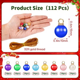 112 Pcs Christmas Mini Balls Ornaments, 0.6 x 0.4 Inch Miniature Christmas Glitter Colorful Balls, Mini Hanging Pendant Ball for Xmas Tree DIY Craft Holiday Decorations