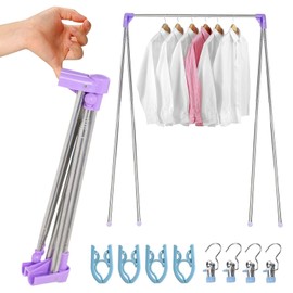 Raheem Stainless Steel Folding Clothes Airer, Height Adjustable from 34-70 cm with 4 Folding Hangers and 4 Clothes Pegs and Carry Bag, Portable Travel Clothes Airer for Camping, Balcony, Hotel