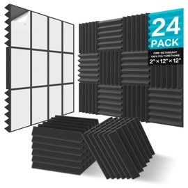 JBER 24Pack Sound Proof Foam Panels, 2" X 12" X 12" Self-Adhesive Acoustic Wall Paddings for Home Office Studios (Black)