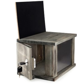 MCB Gray Wood Lockable Suggestion Box, Donations Collector Box with Removable Chalkboard & Acrylic Sign Holder