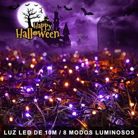 DQST Luces de Halloween Naranja y Púrpura, 10 M 100 LED, Impermeable IP65, 8 Modos Luces Solares, Apto para Patios, Jardines, Fiestas, Halloween, etc.