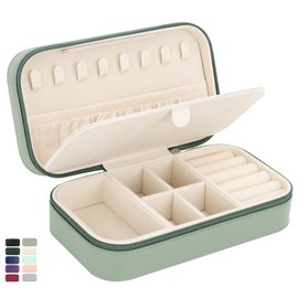 DesignSter Travel Jewelry Box, PU Leather Portable Jewelry Case, Small Jewelry Boxes for Gifts, Travel Jewelry Organizer for Women Rings Earrings Necklaces Bracelets (Avocado Green)