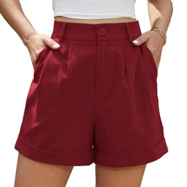 Jouica High Waisted Linen Blend Pull On Pleated Summer Shorts for Women 2024 Trendy Pockets,Wine Red,X-Large