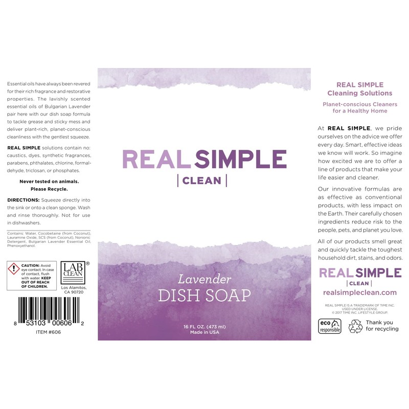 Real Simple Clean Liquid Dish Soap, Plant-Based Formula, Natural Essential