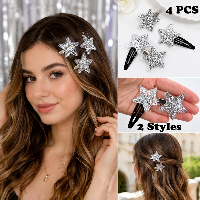4Pcs Silver Glitter Star Hair Clips for Women Girls Y2K
