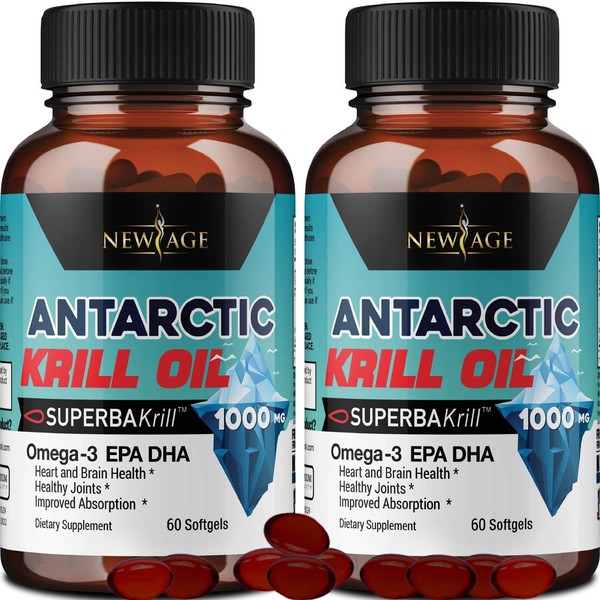 Antarctic Krill Oil 1000mg with Astaxanthin - 2 Pack - 120 Caps Omega 3 6 9 - EPA DHA - 100% Purified, Mercury Free and Wild Caught - Non GMO - Gluten Free - Pure Krill Oil by New Age