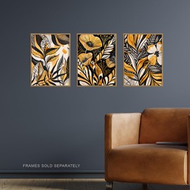Artery8 Set of 3 Elegant Gold Black Floral Botanical Living Room A4 Size Wall Art Prints Pack