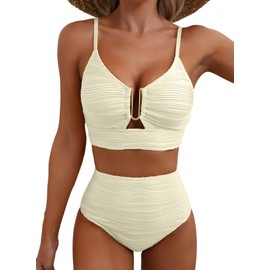 SOUYAGA Womens Bikini 2 Piece Tummy Control Swimsuits Set 2025 Summer Beach Swim High Waisted Tankini Sets Textured U-Wire Cutout Bathing Suits Beige Medium