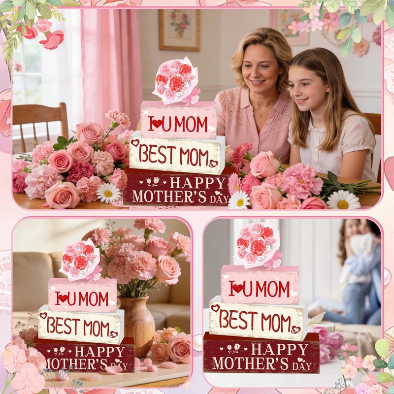 HABDJILTY 4 Pcs Happy Mother’s Day Wooden Table Decorations Best