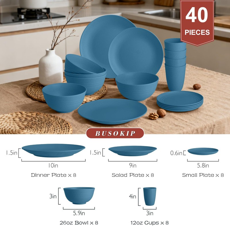BUSOKIP Wheat Straw Dishes Set 40 PCS, Unbreakable Dinnerware Set