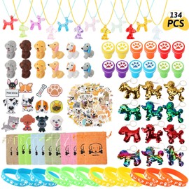 134 Pieces Dog Birthday Decoration Party Set - Dog Paw Children's Birthday Party Bag Dog Bracelet, Key Ring, Stamp, Stickers, Erasers, Gift Bag for Children, Boys, Girls