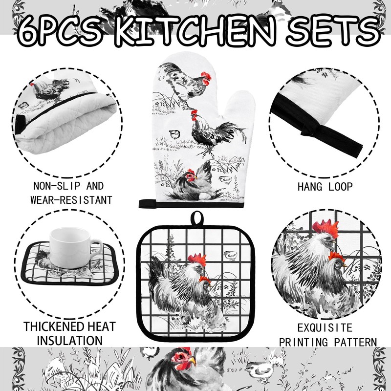 Leinuosen 6 Farmhouse Rooster Chicken Oven Mitts and Pot Holders