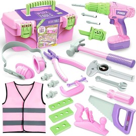 EP EXERCISE N PLAY Kids Tool Set with Electric Toy Drill & Pink Tool Box – Power Construction Pretend Play Kit for Girls & Boys Ages 3+