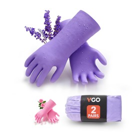 Vgo... Heavy Duty Cleaning Gloves Lined Nylon, Household Gloves Reuseable in TPE Latex Free, Thicker Antislip Washing Up Gloves for Kitchen Bathroom Gardening Painting, with Flower Flavor, 2 pair