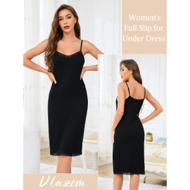 Vlazom Women's Long Underdress with Lace Modal Underdresses Petticoat Sexy Negligee with Straps Nightdress Sleepwear, black, M