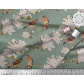 Soimoi Green Cotton Canvas Fabric White Floral & Bird Decor Fabric Printed BTY 42 Inch Wide