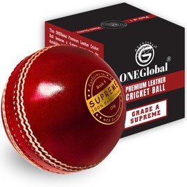 ONEGlobal Supreme Leather Cricket Ball | 100% Handstitched, 156g - 5.5oz, 4-Piece Premium Leather, Waterproofing | Match Quality Hard Cricket Balls for League Matches, Net Practice etc. (1-Red)