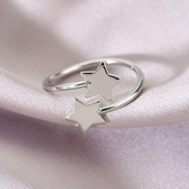 Simple Double Stars Wrap Open Statement Ring for Women Fashion Cute Lucky Star Thin Tiny Band Stacking Expandable Knuckle Finger Adjustable Rings Engagement Eternity Promise Jewelry Birthday Gifts (Silver)
