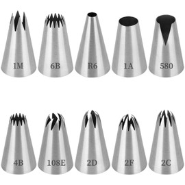 SINZONeu Set of 10 Stainless Steel Professional Decorating Nozzles for Cakes and Cupcakes, Compatible with Piping Bags (Stars/Rosettes)