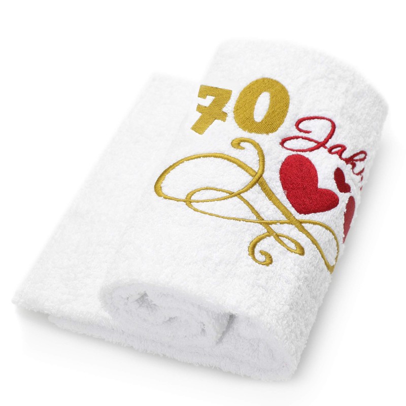 Abc Casa Gift Towel for 70th Birthday with Embroidered Hearts