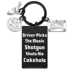 Iweca Funny Keychain Supernatural Tv Show Merchandise Gift Fan Inspirational Music Lover Best Friend Coworker Driver Picks The Music Shtgun Shts His Cakehole Birthday Graduation Keyring (Black)