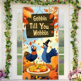 BlissYard Gobble Till You Wobble Door Cover Thanksgiving Backdrop Turkey Pumpkin Food Tray 71x35 Inch Funny Fall Banner for Party Decorations Porch Wall Decor Photo Booth Props