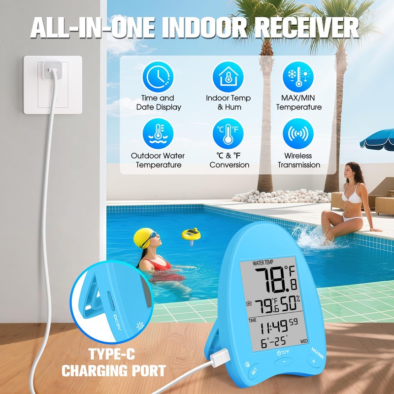 FirstE Solar Wireless Pool Thermometer with Dynamic Light Show |