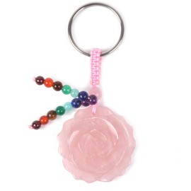 Natural Rose Quartz Gemstone Flower 7 Chakra Reiki Tassel Healing Keychain Bag Charm Pendant 3.1 Inches