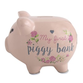 Baby Essentials Baby’s First Piggy Banks for Boys and Girls in Blue or Pink (Flowers)