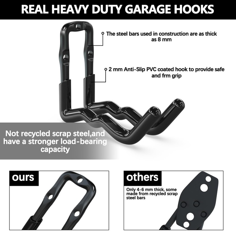 3-H Wall Hooks Garage Pack of 6 Tool Hooks All-in-One