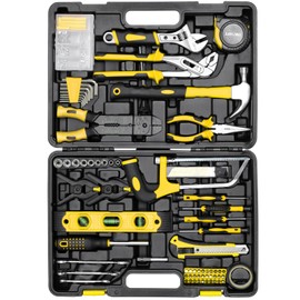 TLGREEN 218 Piece Tool Kit, Tool Set Mechanics Kit, Portable Tool Box Set with Saw Adjustable Wrench Drive Socket Combination Wrench, with Plastic Toolbox, for Home Apartment Garage (Yellow)