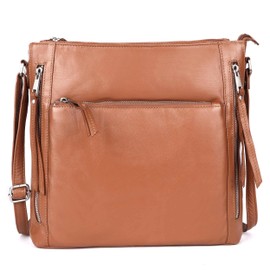 LEDERBUCK Grace Soft Napa Real Leather Large Cross body handbag-Double Zip Premium Sling Crossover Shoulder Bag for Women (Cognac)