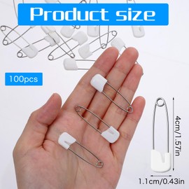 100 spille da balia per bambini, 40 mm, grandi con chiusura a blocco, in acciaio inox, con chiusura in plastica, per pannolini, vestiti, colore bianco