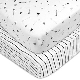TL Care 2 Pack Printed 100% Cotton Jersey Knit Fitted Crib Sheet for Standard Crib & Toddler Mattresses, Silver Black Arrow/Feather, for Boys & Girls