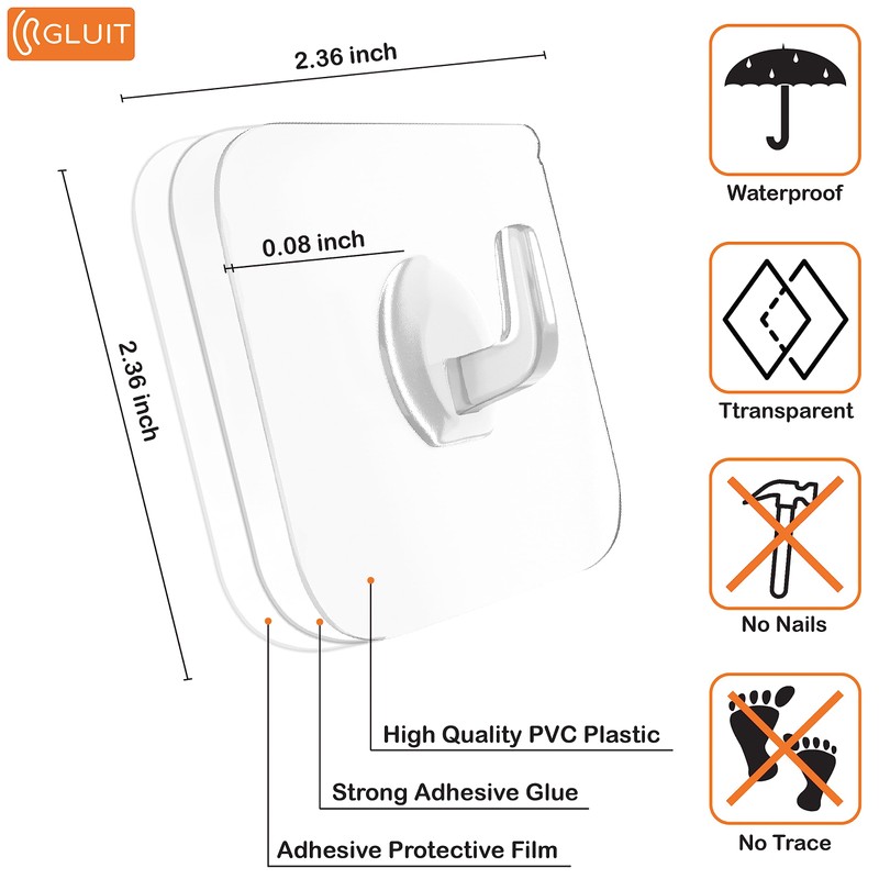 GLUIT Adhesive Plastic Clear Hooks Transparent Utility Hook for The