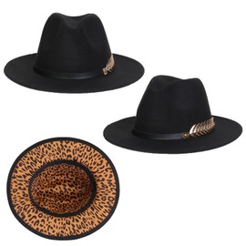 JK Home Womens Mens Classic 1920s Gatsby Fedora Hats, Patchwork Two Tone Wide Brim Panama Roaring Jazz Cap Black/Leopard