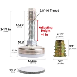 Heavy Duty Furniture Levelers Adjustable Furniture Legs Levelers, Leveling Feet for Tables Chairs Cabinets Sofa Raiser, Support 1320LBs, T- Nut Kit 3/8”-16 Thread, Large Base,w/ 4 Felt Pads (8 Pack)