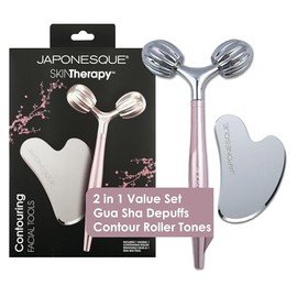 JAPONESQUE Kit de herramientas faciales para contornear incluyendo rodillo en V y acero inoxidable Gua Sha para desinflar
