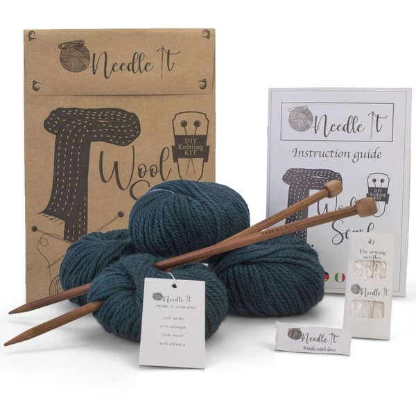 Needle It® - Complete beginner's knitting kit with knitting needles - Knitting wool scarf - Gift Idea (Dark Green)