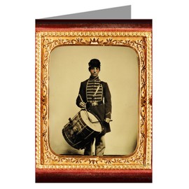 1 Vintage Greeting Cards of Union soldier in uniform and Massachusetts belt buckle with drum from the Civil War