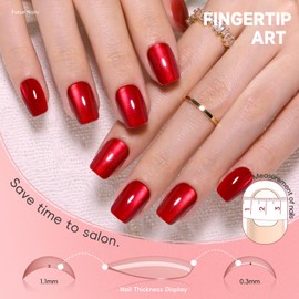 CUZIAM Red Cat Eye Press on Nails Short Square, 5 Color Light to Dark Cherry Red Magnetic Gel Nails with Heart Nail Stickers set for Women Valentine's Day, 150pcs Pre-Builded Fake Nails Manicure Kit